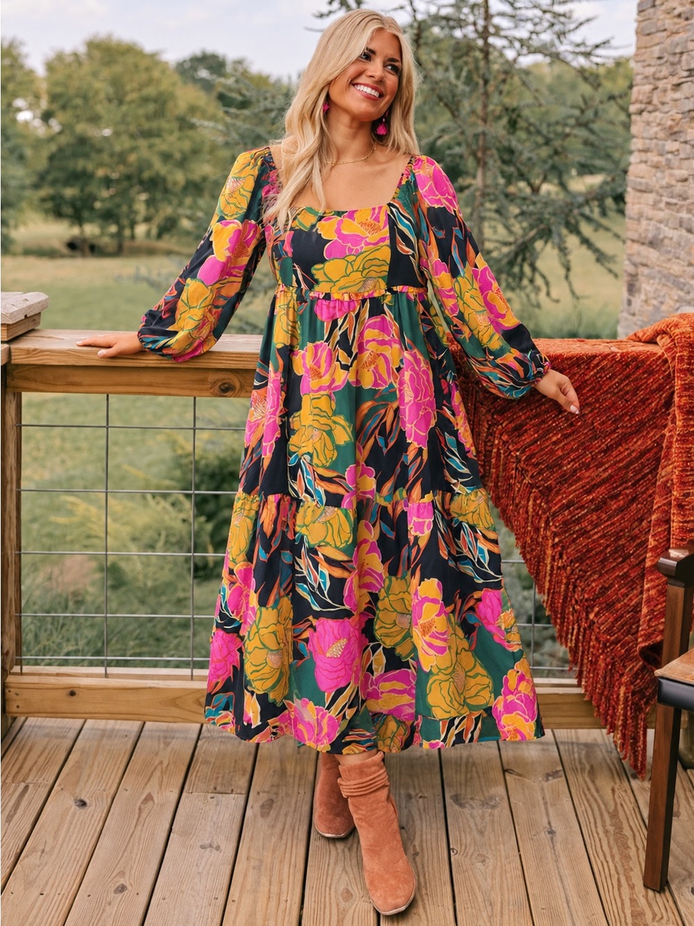 XLarge Oddi Beautiful Fall Floral Square-Neck Maxi Dress in Pink & Green